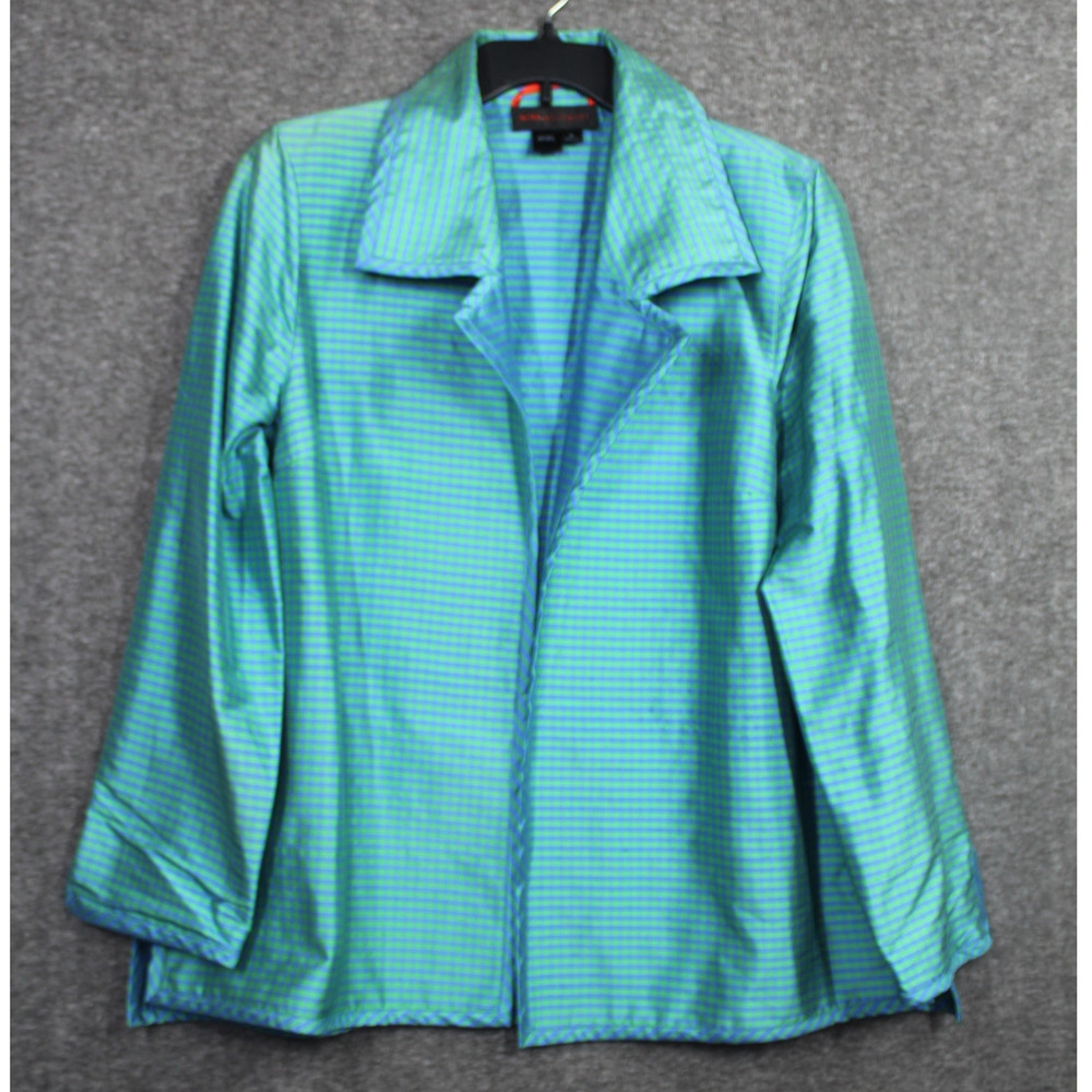 Nina Mclemore Silk Jacket Size XL Green Blue Strip Open Collared
